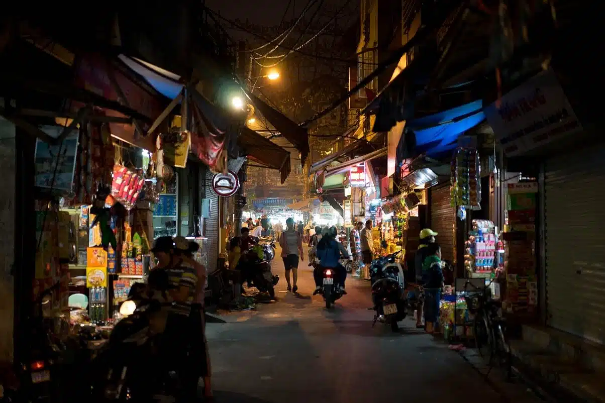 Hanoi market street at night time