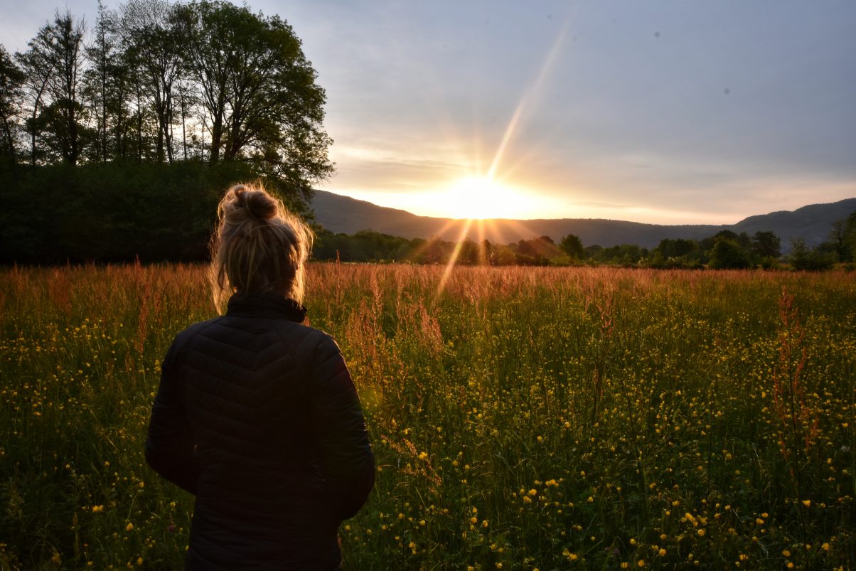 Girl in field watching sunset 