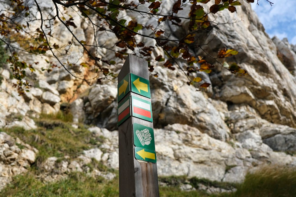 Hiking signpost on Mountain in the French Alps