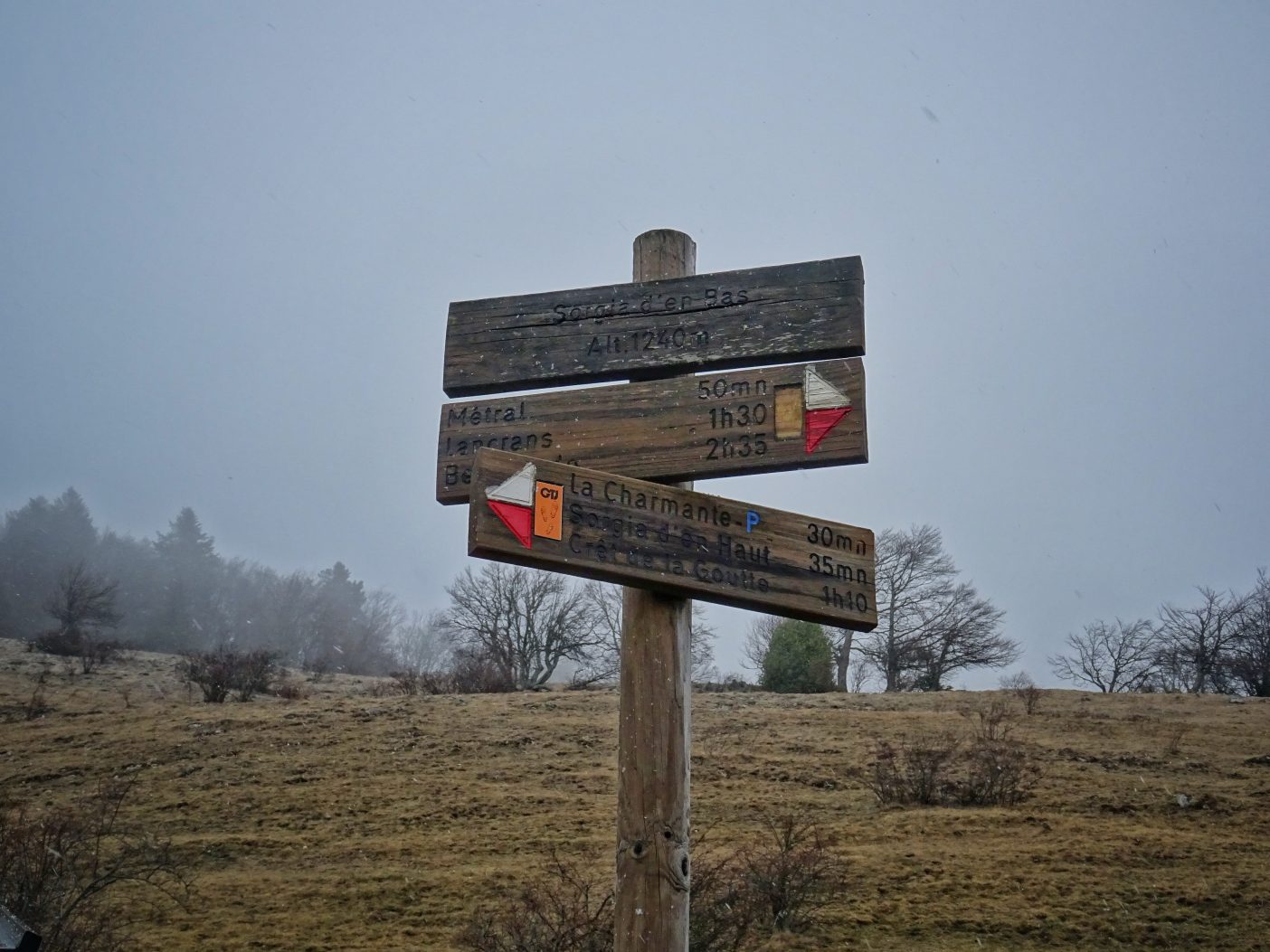 Hiking signpost in the Jura Mountains, France