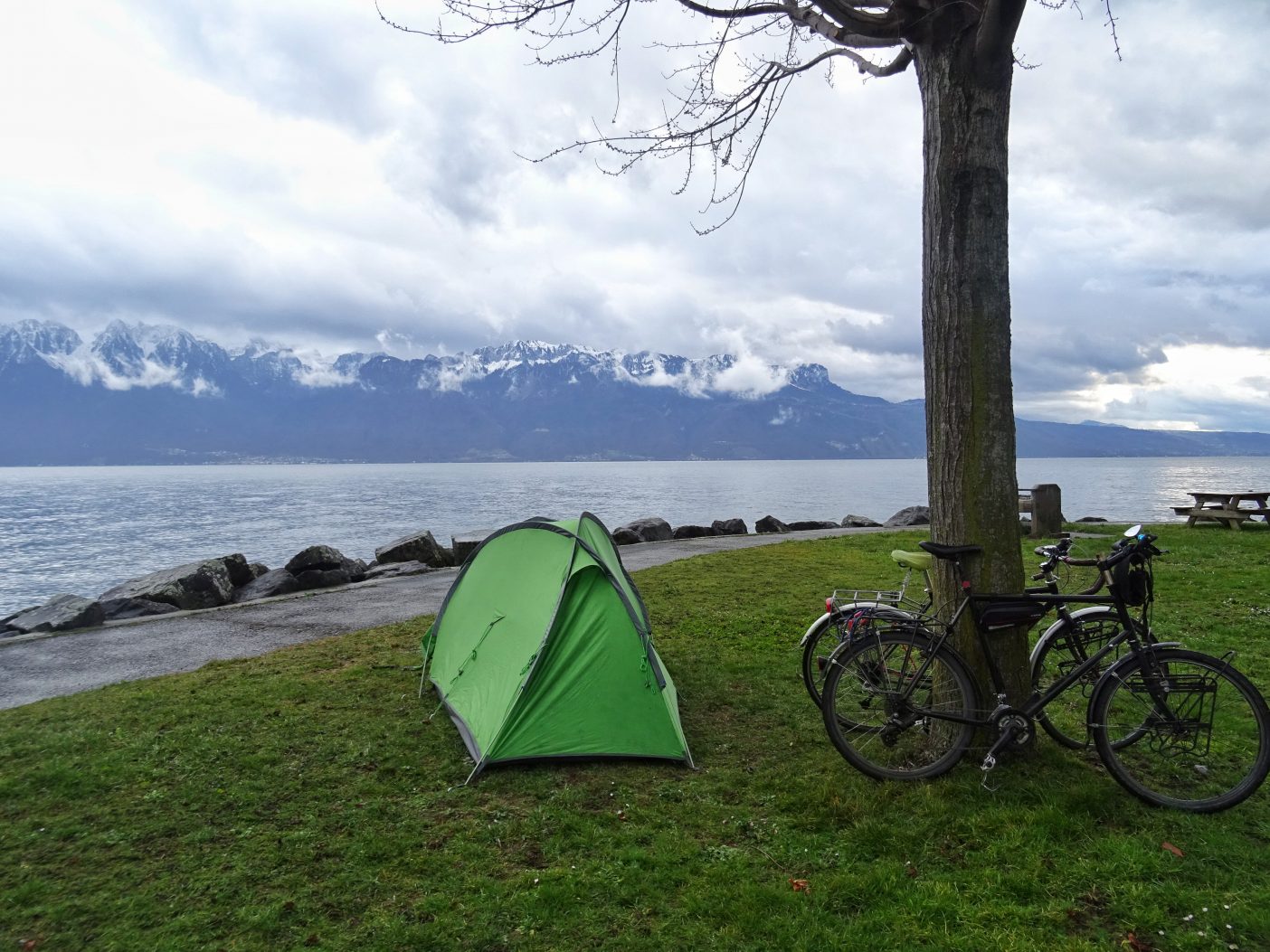 Tent camped on Lac Leman in the Swiss Alps