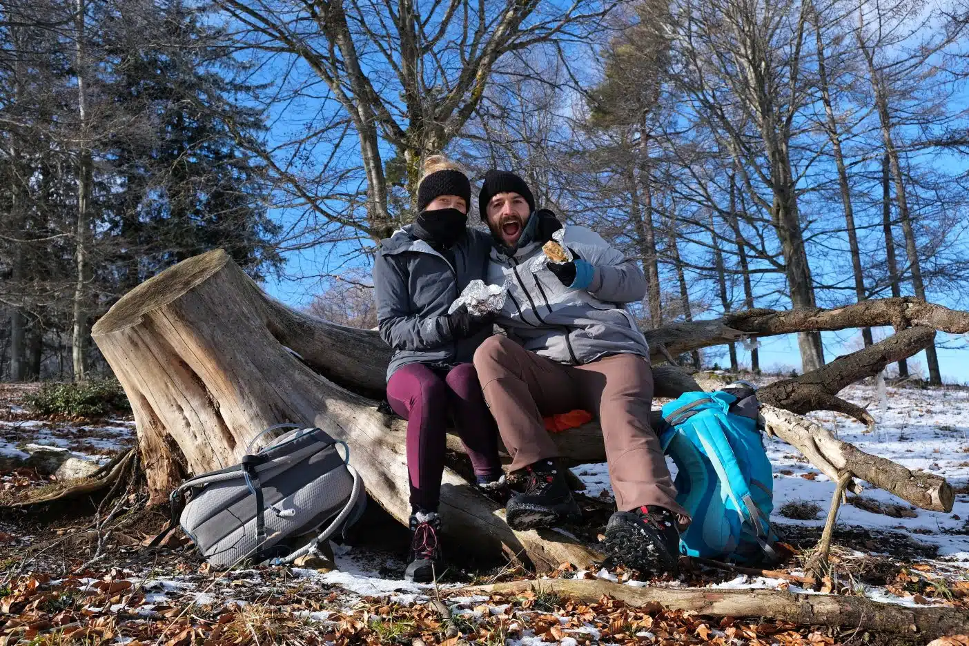 Couple eating homemade vegan backpacking food 