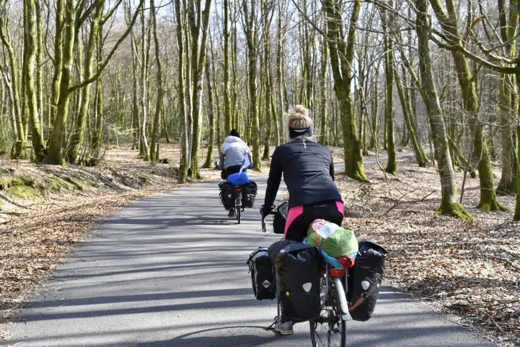 Couple cycle touring through the woods