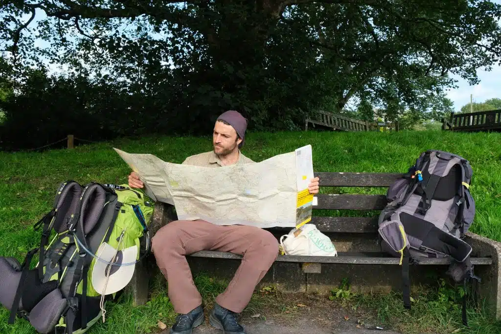 Man reading map in the outdoors 