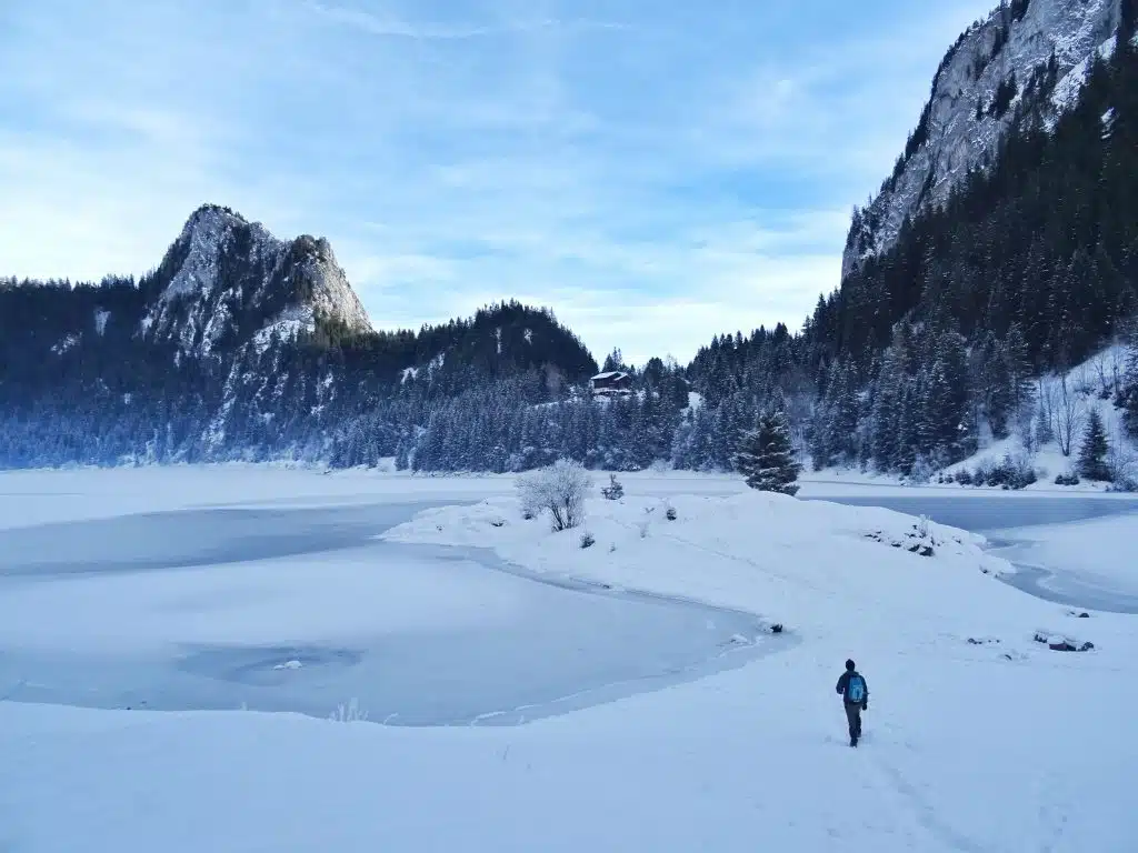 Man walking beside frozen lake wearing a vegan insulated jacket