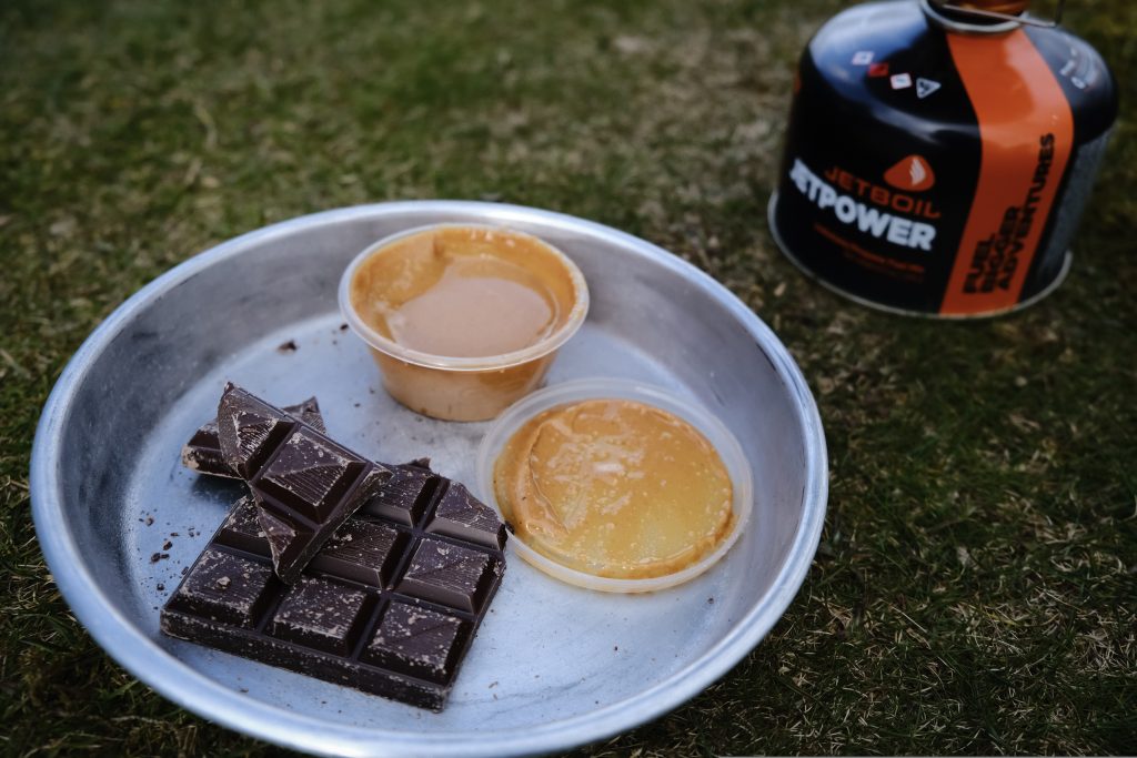 Chocolate and peanut butter for meat-free camping meal