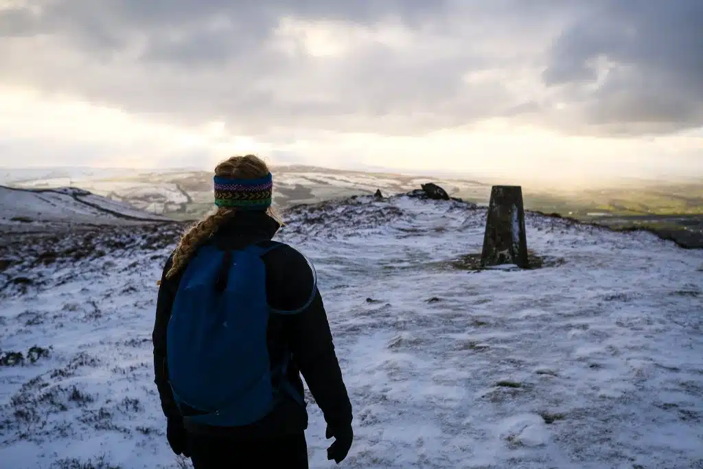 Girl wearing vegan winter hiking clothes